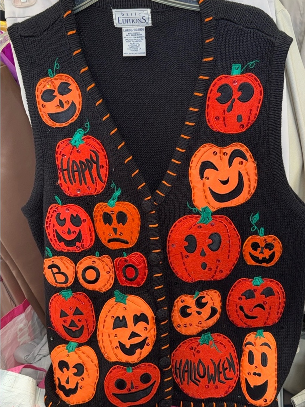 Basic Editions Black Vest with Orange Pumpkin Appliqués